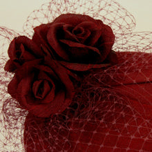 Deep Red Silk Cocktail Hat with Roses and Veiling