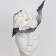 Silver Sinamay Cocktail Hat with handmade Ivory Silk Peony