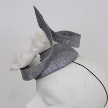 Silver Sinamay Cocktail Hat with handmade Ivory Silk Peony