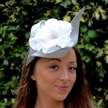 Silver Sinamay Cocktail Hat with handmade Ivory Silk Peony