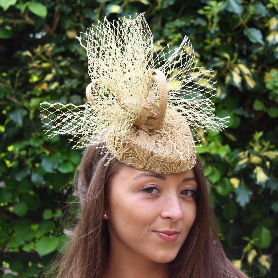 Gold Cocktail Hat with Lace Overlay and Veiling