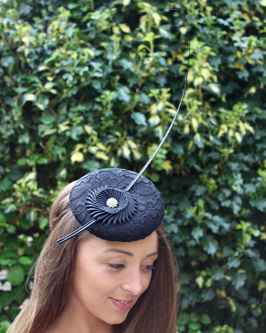 Black Cocktail Hat with Hand Pleated Cockade and Quill