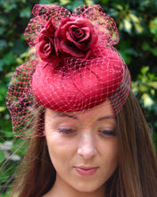 Deep Red Silk Cocktail Hat with Roses and Veiling