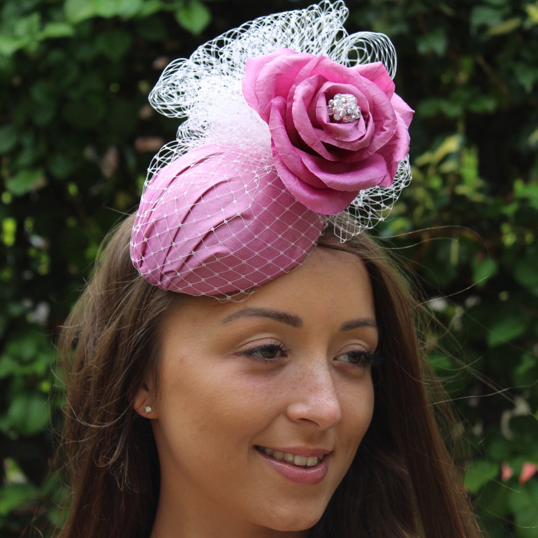 Pink Silk Cocktail Hat With Swarovski, handmade Silk Rose, and Veiling