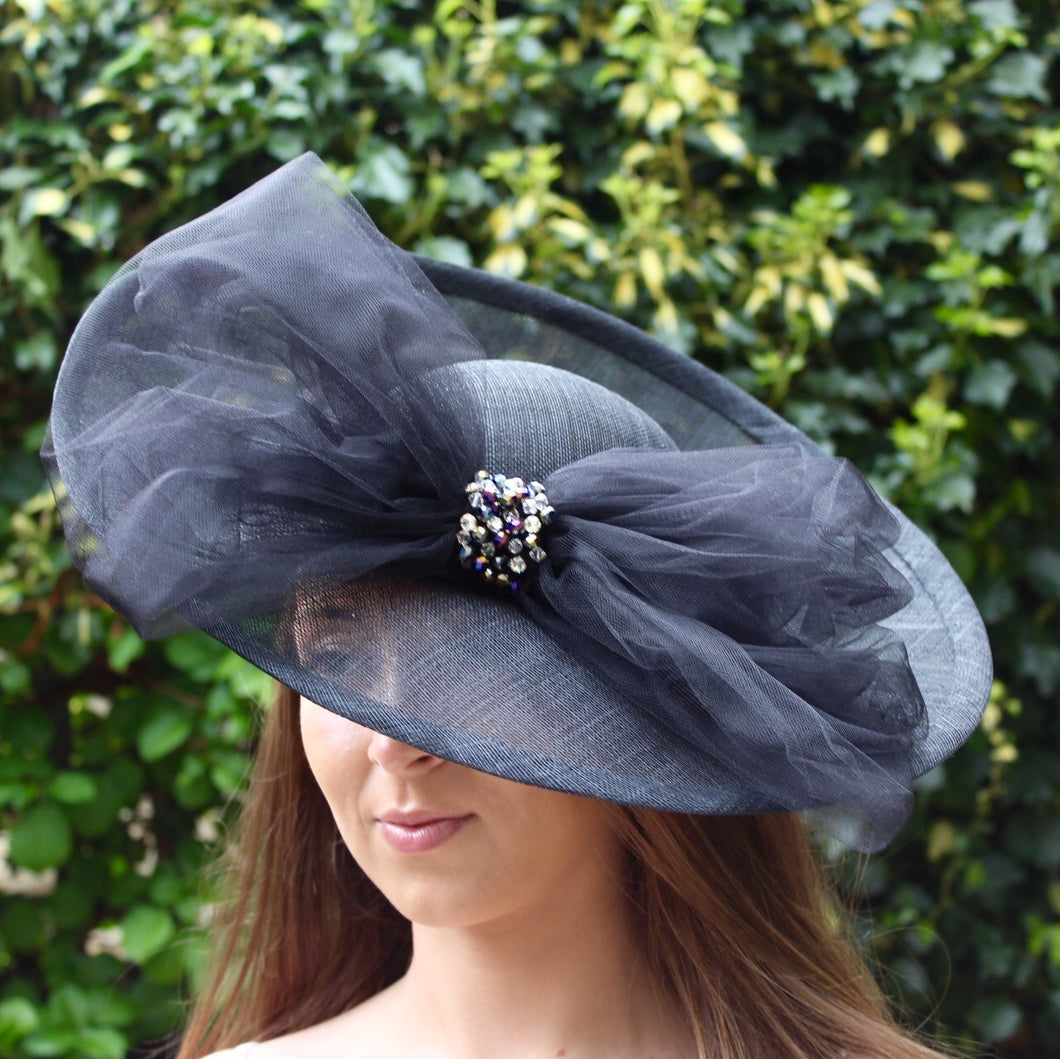 Large Black Sinamay Hat with Oversize Tulle Bow