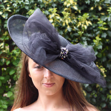 Large Black Sinamay Hat with Oversize Tulle Bow