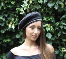 Black Linen Beret with Gold Beaded Fringe Trim