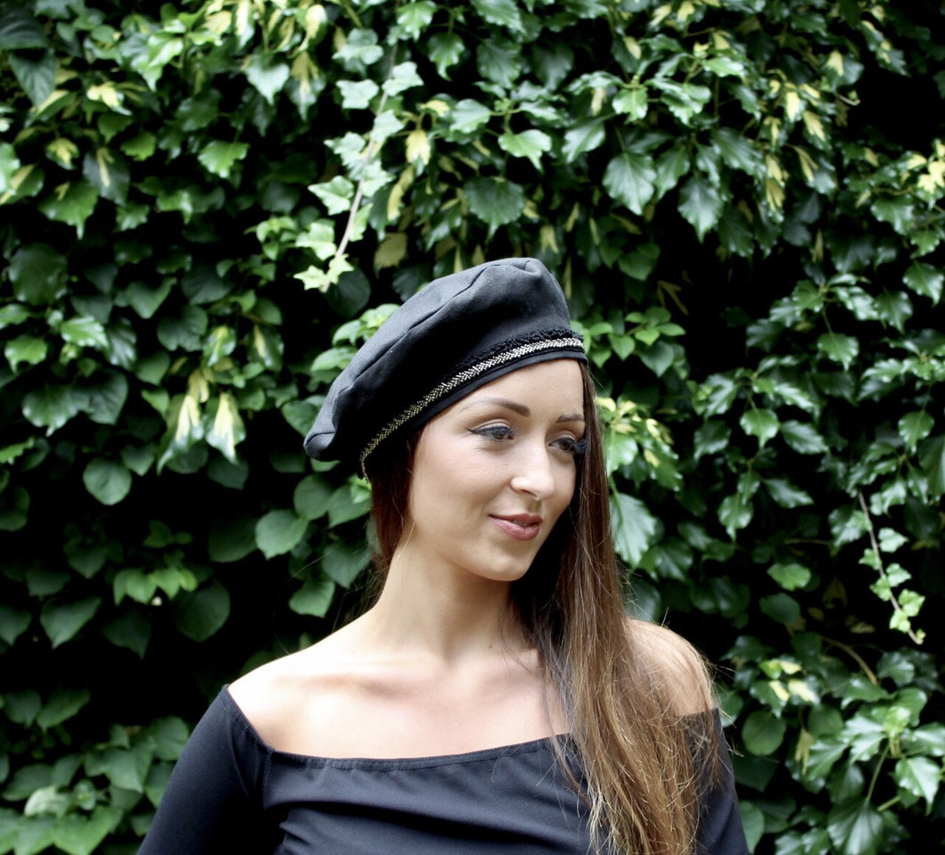 Black Linen Beret with Gold Beaded Fringe Trim