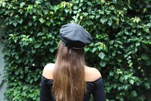 Black Linen Beret with Gold Beaded Fringe Trim